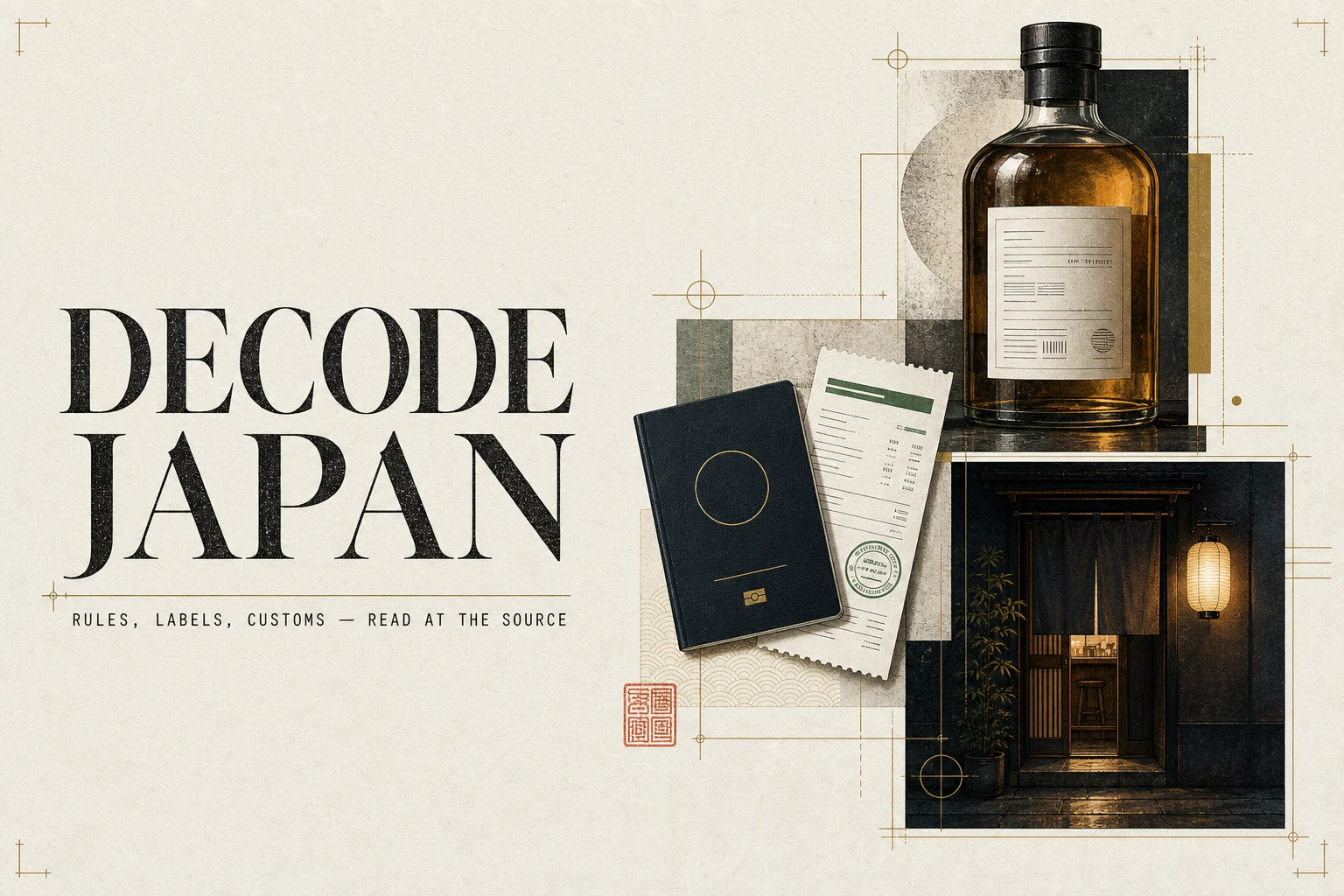 An editorial still life of Japanese bottle labels, travel documents and a quiet Tokyo bar